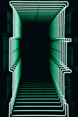 Wall Mural - Vertical 3D illustration of a futuristic dark tunnel with railings illuminated by green neon lights