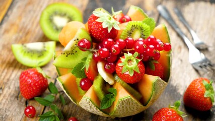 Poster - fresh fruit salad with melon, berry and kiwi