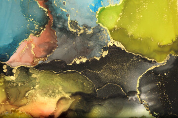  Abstract yellow, blue and gold glitter color background. Marble watercolor texture. Alcohol ink colors.