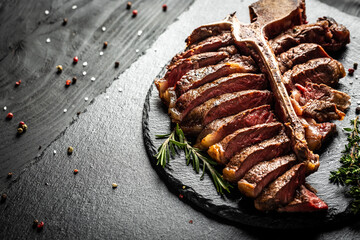 Barbecue aged wagyu porterhouse steak sliced as top view on a slate board, Beef T-Bone juicy steak rare beef with spices on a black table, banner, catering menu recipe place for text, top view