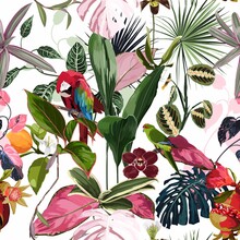 Tropical Floral Print. Parrot Bird In The Jungle With Colored Leaves, Fruit And Flowers In The Dark Exotic Forest, Seamless Pattern For Fashion, Wallpaper And All Prints On White Backdrop.