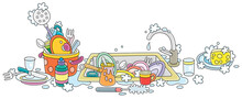 Dishes, Pans, Forks And Spoons Washed With Liquid Soap On A Kitchen Table And In A Sink After Dinner, Vector Cartoon Illustration On A White Background