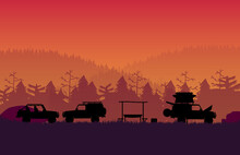 Silhouette Off Road Vehicle Camping With Forest Mountain Landscape On Orange Gradient Background
