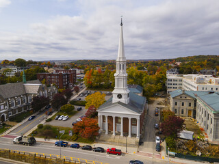 First Unitarian Church aerial view at 90 Main Street in historic downtown Worcester, Massachusetts MA, USA. 