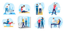 People In Orthopedic Therapy Rehabilitation. Therapists Character Working With Disabled Patients, Rehabilitating Physical Activity, Physiotherapy. Set Of Flat Cartoon Vector Illustrations