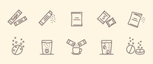 Packing Line Icons. Vector Illustration Included Icon As Sachet, Sugar Powder Packet, Soluble Pill, Effervescent Pills. Set Of Outline Vector Icons