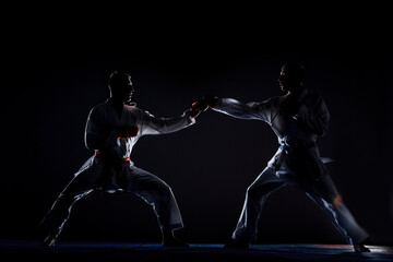 Two karate guys is practicing martial arts in sport gym