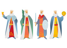 Four Kings Dressed In Ancient Clothes, Carrying Rods, Cups, Golds, Swords And Shields. Playing Card Figures.