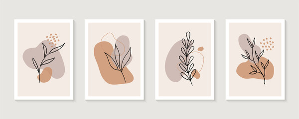 Wall Mural - Vector set of boho wall art. Trendy pictures with plants and abstract organic shapes. Botanical illustration