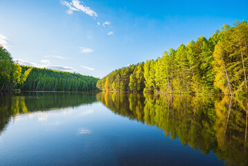 Sticker - Panoramic landscape on a sunny day on the river with the sky in the clouds and the reflection in the water.