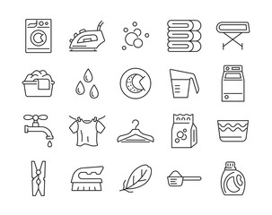 Wall Mural - Laundry line set icons. Collection sign with washing machine, iron, clothes, water drops, brush and bubbles. Editable stroke. Vector illustration.