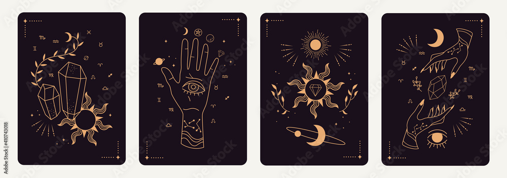 Set of mystical tarot cards. Elements of esoteric, occult, alchemical and witch symbols. Zodiac signs. Cards with esoteric symbols. Silhouette of hands,  stars, moon phases and crystals. Vector  - obrazy, fototapety, plakaty 