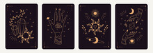 Set Of Mystical Tarot Cards. Elements Of Esoteric, Occult, Alchemical And Witch Symbols. Zodiac Signs. Cards With Esoteric Symbols. Silhouette Of Hands,  Stars, Moon Phases And Crystals. Vector 