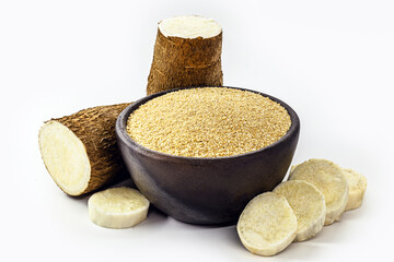 cassava flour in handmade pot, natural organic flour from brazil