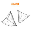 Samosa sketch, Indian food. Hand drawn vector illustration. Sketch style. Top view. Vintage vector illustration.