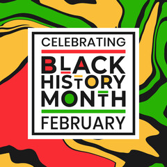 Celebrating Black History Month February banner with colorful liquid paint effect background. Vector illustration of design template for national holiday poster or card