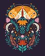 Spring motifs in folk art style. Colorful flat vector illustration with moth, flowers, floral elements and moon.