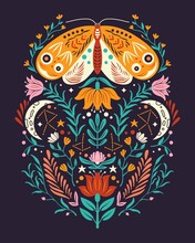 Spring Motifs In Folk Art Style. Colorful Flat Vector Illustration With Moth, Flowers, Floral Elements And Moon.