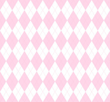 Valentines Day Argyle Plaid. Scottish Pattern In Pink And White Rhombuses. Scottish Cage. Traditional Scottish Background Of Diamonds. Seamless Fabric Texture. Vector Illustration