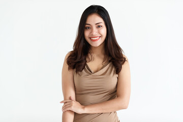 Portrait of a young teen Asian woman with black long hair on white background