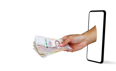 Hand holding a money 1000 thai baht. for buy - sell a products. shopping online business technology.