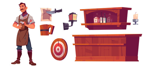 Bartender and old tavern interior with wooden bar counter, shelf with bottles, lantern and beer mug. Vector cartoon man waiter in vintage saloon, darts target and paper pinned by knife