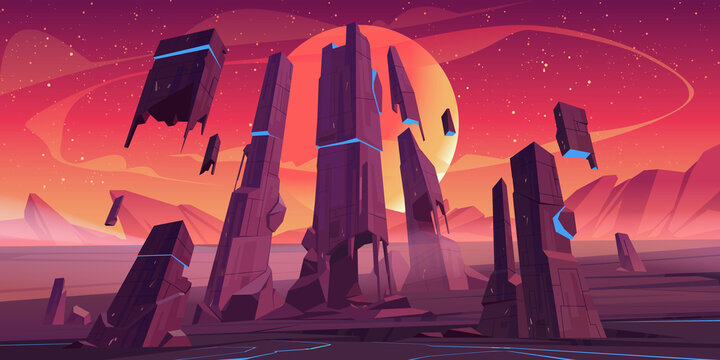 Alien planet landscape with rocks and futuristic building ruins with glowing blue cracks. Vector cartoon fantasy illustration of outer space with stars, moon and planet surface for gui game design