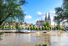 River Against Regensburg Cathedral In City
