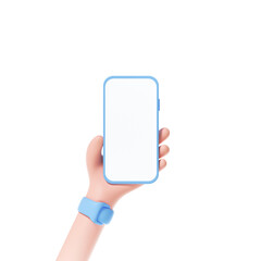 3d smartphone holding on isolate white background. phone screen for template replacement, cartoon ha