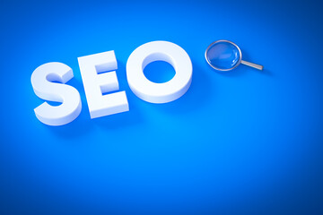 Wall Mural - seo search engine optimization concept logo with magnifying lay down on blue background. marketing s