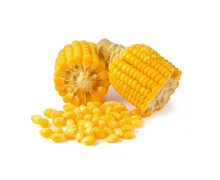 A Piece Of Sweet Corn And Seeds Isolated On A White Background