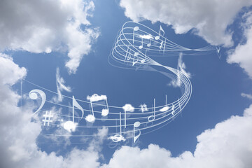 view of beautiful sky with clouds and flying music notes