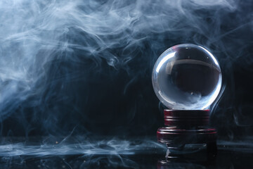 Crystal ball of fortune teller in smoke on dark background