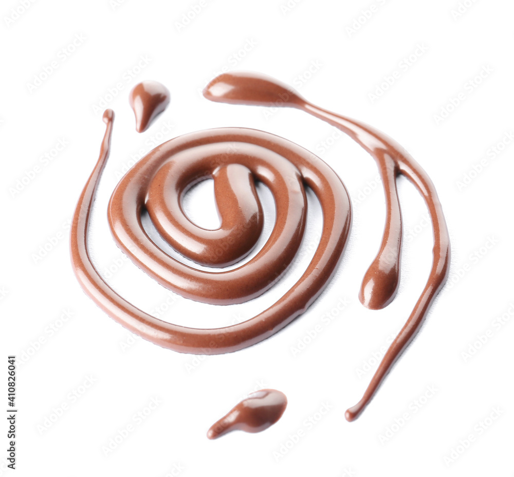 Swirl of melted chocolate on white background