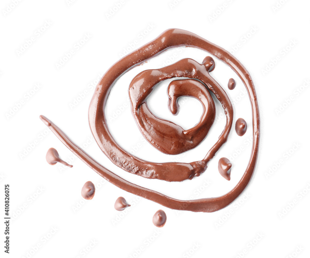 Swirl of melted chocolate on white background