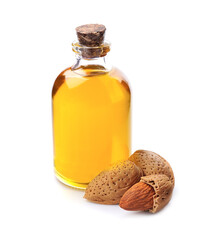 Poster - Almonds oil with almonds nuts on white backrounds.