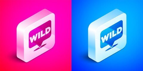 Wall Mural - Isometric Pointer to wild west icon isolated on pink and blue background. Western signboard, message board, signpost for finding way with direction. Silver square button. Vector.