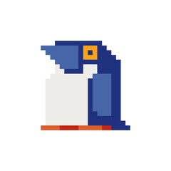 Poster - Penguin cartoon character pixel art icon, design element of children's book application, logo, sticker. Flat style. Game assets 8-bit sprite. Isolated vector illustration.