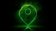 © RocknRoller Studios - Green neon light map pin icon. Vibrant colored technology symbol, isolated on a black background. 3D Render