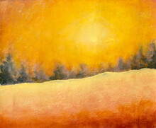 Oil Painting. Misty Warm Sunrise Orange Landscape Winter Forest, Snowy Gold Field. Modern Art.