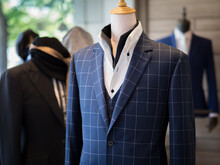 Close Up Of Blue Jacket Blazer Suit With Black Vest White Shirt On Mannequin Detail