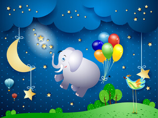 Wall Mural - Cute flying elephant and balloons on night landscape, vector illustration eps10