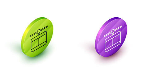 Poster - Isometric line Cable car icon isolated on white background. Funicular sign. Green and purple circle buttons. Vector.