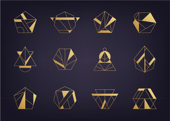 Wall Mural - Vector set of abstract geometric logos. Art deco, hipster, golden line style. Hexagon, triangle, polygon linear shapes.