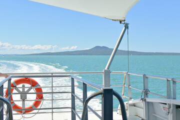 Wall Mural - ferry handrails with Rangitoto island in background