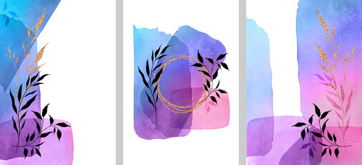 Black plants, leaves, branches with gold frame on watercolor shapes. Abstract fluid art collection. Blue, violet, pink watercolor Illustration. Modern Nature Wall art print set.