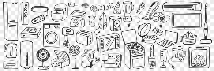 Wall Mural - Various household appliance doodle set. Collection of hand drawn fan oven vacuum cleaner mixer washing machine microwave refrigerator blender sewing machine for home isolated on transparent background