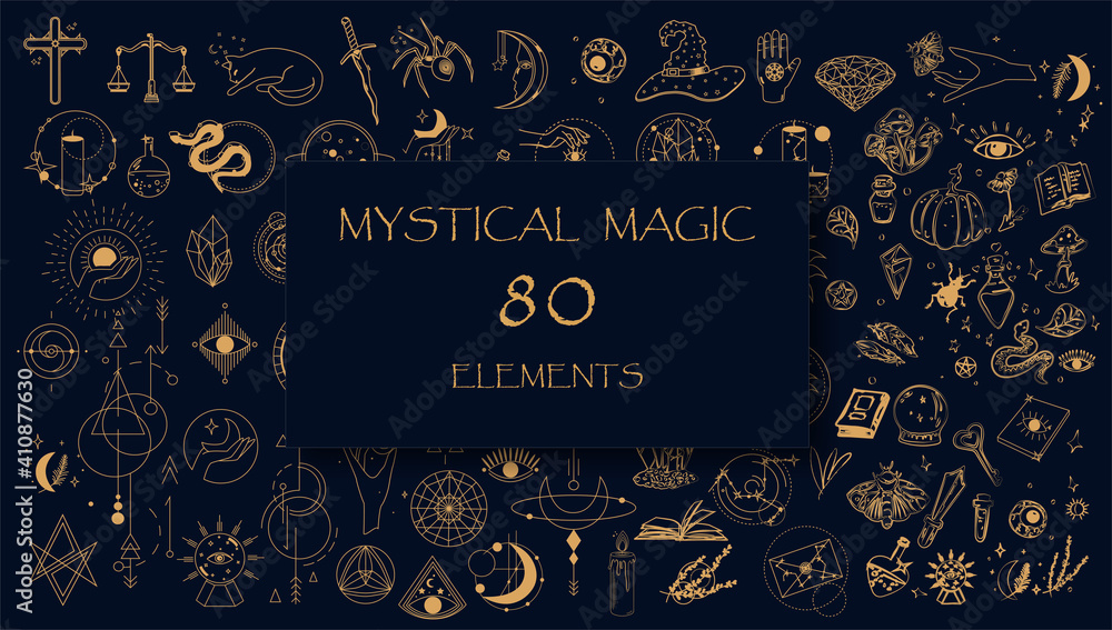 Witch Magic, Mystical and Astrology objects symbols. Doodle esoteric, boho mystical hand drawn elements. Magic and witchcraft, witch esoteric alchemy. Tattoo alchemy and esoteric. Minimalistic objects - obrazy, fototapety, plakaty 
