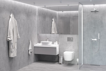 light gray bathroom with bathrobe, towel, built-in storage cabinet with mirrored doors, white washba