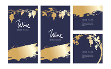 Collection Labels For Wine. Vector Illustration, Set Of Navy Blue Backgrounds With Grapes And Gold Strokes.